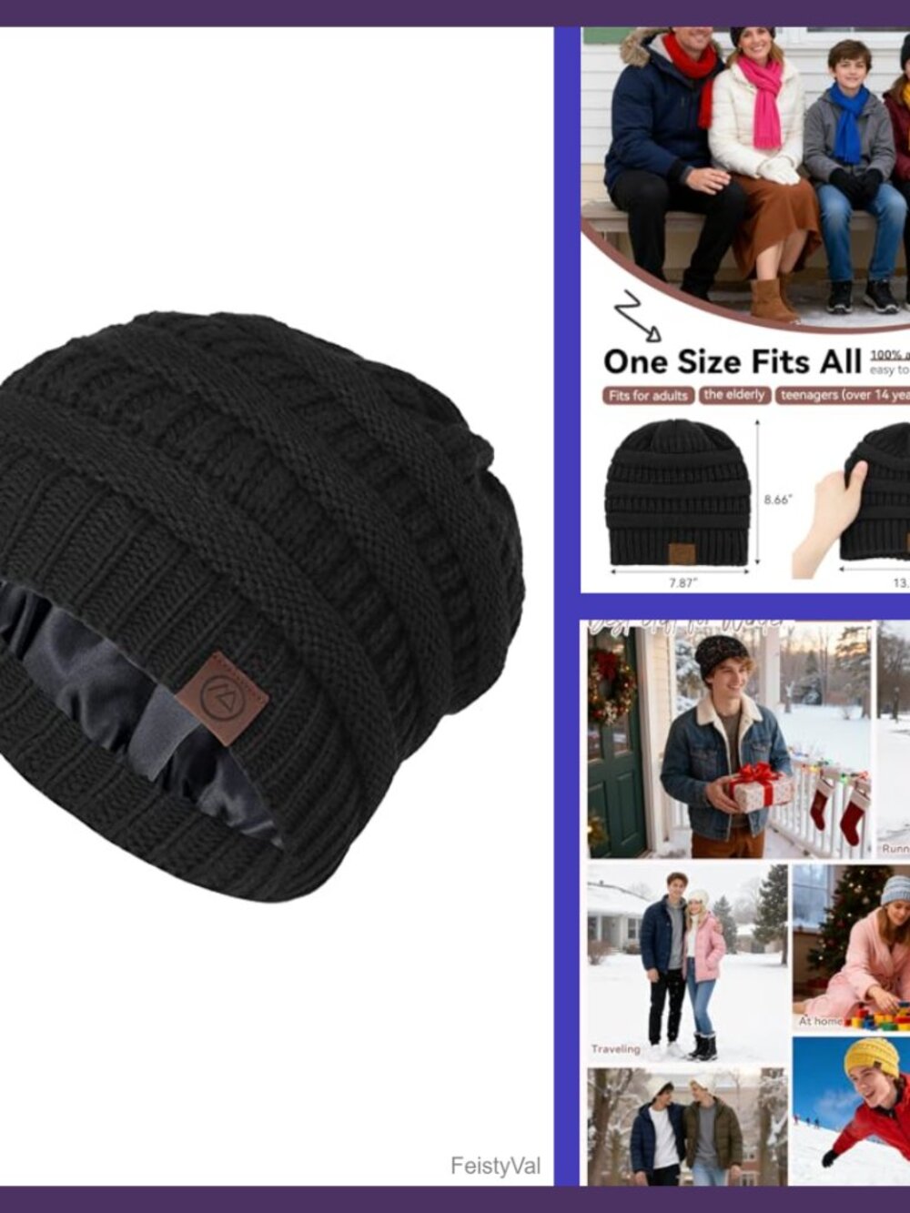 Satin Lined Beanie Winter Hat Anti-Frizz Cable Knit Slouchy Women Teens